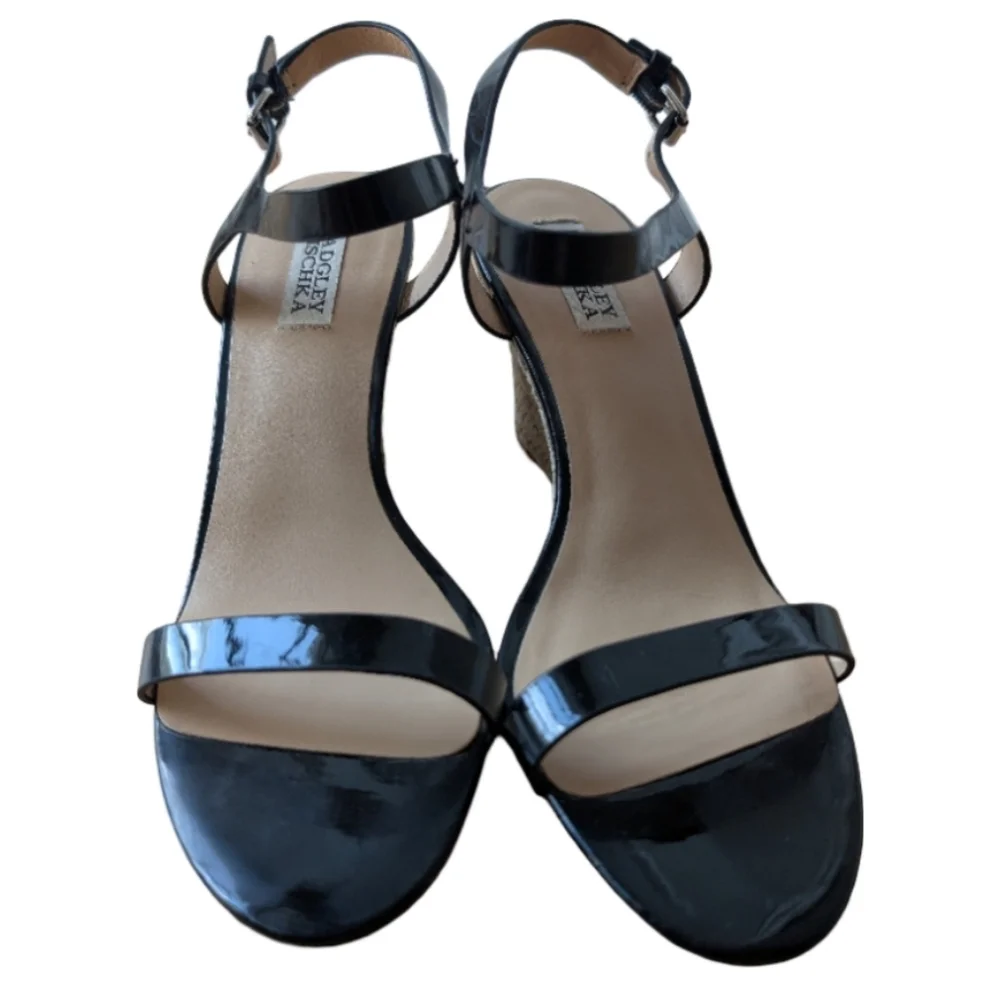 Badgley Mischka Black Patent Leather Espadrille Wedge Sandals Size 8.5